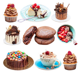 Wall Mural - Chocolate desserts collage. Cakes, cupcakes, cookies, ice cream, meringues, donuts isolated on white background, png, close up. Ideas for menu