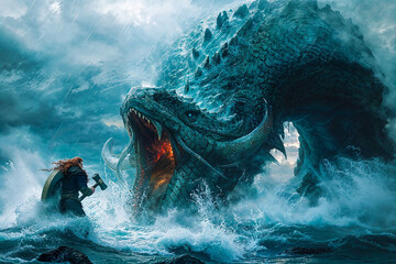 The Norse god Thor battling the Midgard Serpent at Ragnarock, ocean sea, mythology