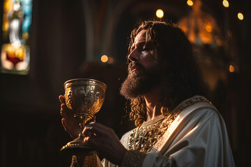 jesus christ holds the sacred cup, offering the sacrament of the holy communion