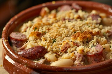Wall Mural - Hearty French Cassoulet with Meat and Golden Breadcrumbs
