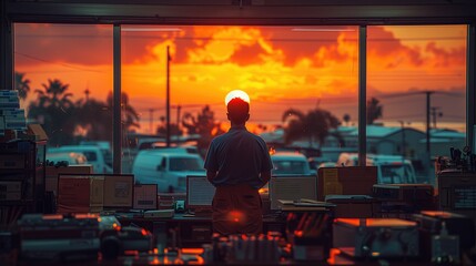 In the fading light of the setting sun Inside a facility management office, a maintenance worker organizes their tool kit and checks inventory, ensuring they have all the necessary equipment to addres