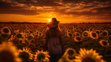 Girl In A Field With Sunflowers At Sunset