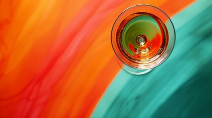 Wall Mural - Minimal concept with glass of wine. Glasses of white wine on the table with blue and orange surface