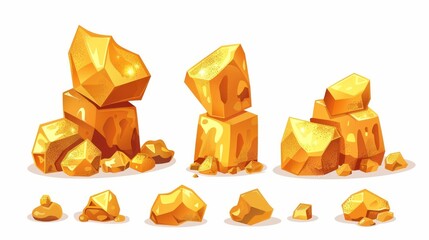 Wall Mural - There are small and big piles of raw gold nuggets in this cartoon modern illustration set. The shiny yellow gold is surrounded by a beautiful set of precious metal blocks. They would be ideal for