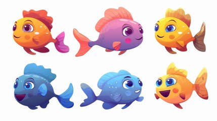 Sticker - A comical cartoon fish having a fin and smiling lips. An aquarium or marine underwater creature collection. A habitat for aquatic wildlife on the bottom of an aquarium.