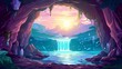 Cartoon deep landscape with a view through an entrance or hole in a stone cavern on water under the moonlight. Underground cave with river or lake, waterfalls, and gemstone crystals.