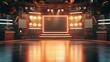 An empty stage in a studio setting equipped with an array of professional lighting equipment and stage curtains, ready for a performance or shoot.