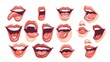 © Mark - The mouth animation kit for a young female character is a cartoon modern illustration set with a color image of the face of the character at various positions when she is talking, speaking the