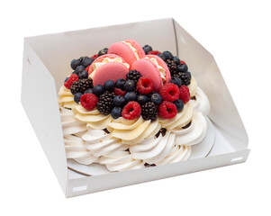 Wall Mural - Cake with whipped cream, berries and macaroons in a gift box, isolated on white background, copy space, close up, png