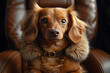 Brown dachshund with floppy ears sitting on a leather chair, looking at the camera with a soulful expression.