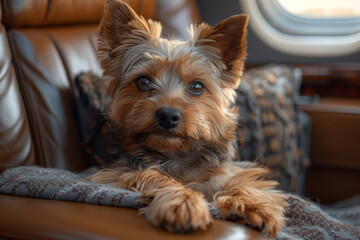 Adorable Yorkshire Terrier dog sitting in a leather chair, bathed in warm sunlight, looking alert and curious.