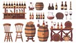 Equipment set for a wine cellar. Illustration of a wood rack holding glass bottles, wooden barrels, a table and chair, bottles, jug and glass with alcohol drinks.