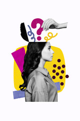 Sticker - Vertical photo image collage young girl half head opened mind brainstorming question mark dilemma think solve dilemma hesitation