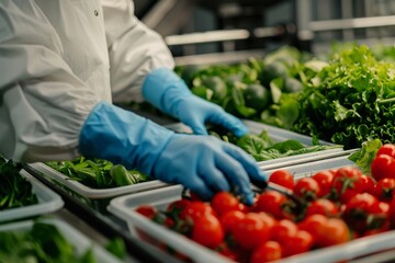 Wall Mural - Close-up of an employee conducting the fresh produce quality control at the production site factory.
