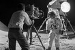 © Sunshower Shots - Cameraman films an astronaut actor on a movie set, black and white, artist's impression, fake moon landing conspiracy theory