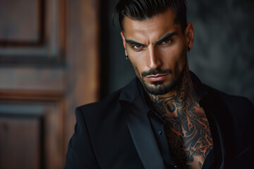 Wall Mural - tanned skin, hot and attractive Italian mafia billionaire with a tattoo on his neck , wearing a luxurious black suit. Looking at camera with piercing and sensual gaze