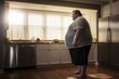 Overweight man stands in a kitchen. Diet, health, and lifestyle concept