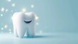 Banner with a healthy tooth with a smile. Dental model of a premolar on a blue background. Poster for dental clinic design, teeth whitening procedure, dental health and oral hygiene. 