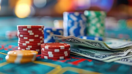 money and stacks of multi-colored poker chips close-up on the table, the concept of high bets and big wins