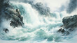 A close-up watercolor painting of tumultuous ocean waves crashing against rugged rocks, capturing the movement, foam, and sparkling droplets in fine detail.