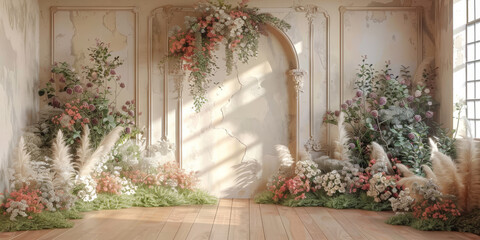 beautiful wall with arch and flowers backdrop,  empty room wedding interior wall background ,banner