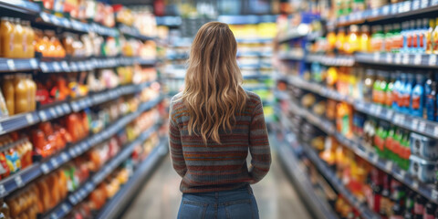 a  woman in the supermarket looking at shelves filled with food and drinks