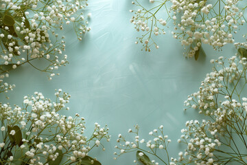  Top view of delicate white baby’s breath flowers on a soft blue background, ideal for wedding and invitation designs.