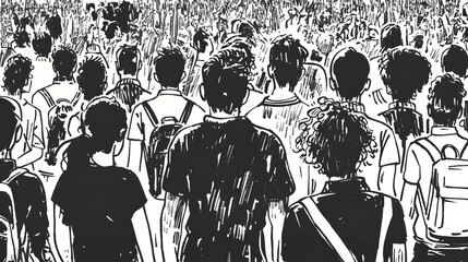 Wall Mural -  a diverse group of individuals from behind, in a crowded setting, rendered in a sketch style with black and white shading.