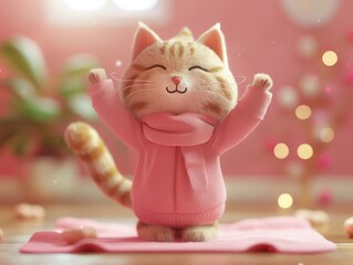 anthropomorphic, cute cat, wearing pink yoga clothes, arms folded, standing, smiling pretty background yoga studio, elegant, detailed, high definition