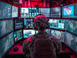 © Denis Tsemashko - soldiers watch the battle through a monitor, team play, battle strategy. Information Security. victory in battle. military uniform. country security