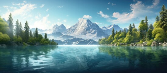 Canvas Print - A picturesque natural landscape featuring a serene lake surrounded by towering mountains, lush trees on the shore, and a beautiful sky with fluffy clouds