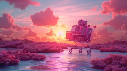 Poster - internet shopping theme. laptop displaying a virtual shopping cart filled by packed gift sits atop a abstract background, offering a moment of digital escape 