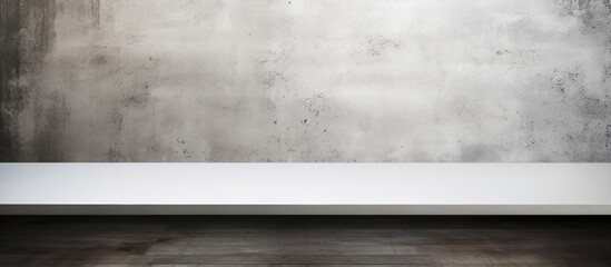 Sticker - In the landscape, a grey composite material wall stands in the background while a white rectangle table made of wood sits in the foreground