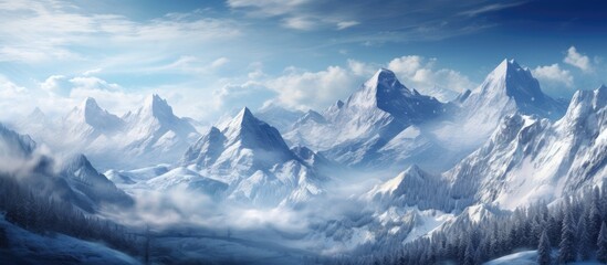 A natural landscape painting depicting a snowy mountain range with trees in the foreground. The sky is filled with fluffy cumulus clouds and the wind carries the chill of winter