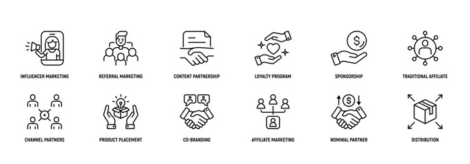 Partner Marketing Line Icon Set, Editable Stroke.Influencer, Marketing, Referral, Content, Partnership, Loyalty, Strategy.