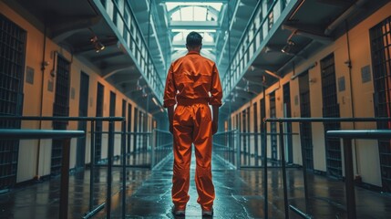 Wall Mural - man in an orange suit entering a prison observing the cells during the day