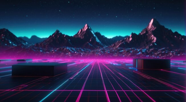 Cyber Peak 3D Render of Abstract Geometric Background, Virtual Reality Environment, Cyber Space Landscape with Glowing Neon-Lit Mountains