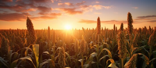 Canvas Print - The sun is setting on the horizon, painting the sky with vibrant colors over a field of tall grass. People in nature admire the natural landscape, feeling happy and at peace