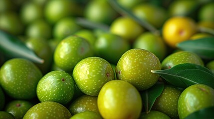 Poster - green raw olives closeup food background