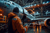 Fototapeta Panele - Innovative engineer managing aircraft assembly in hangar using digital tablet