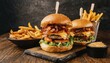 Mouth-watering burgers loaded with melty cheese, crispy bacon, and all the fixings, served with a side of golden fries