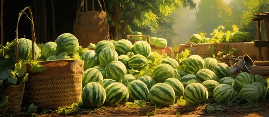 Sticker - A cluster of watermelons rests on the grassy ground in a local field, showcasing the beauty of this terrestrial plant as a natural food source