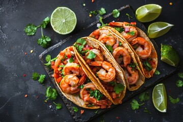 Poster - Shrimp tacos on dark background. Mexican traditional cuisine. Seafood recipes.
