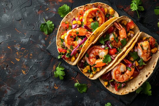 shrimp tacos on dark background. mexican traditional cuisine. seafood recipes.