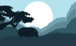 mountain landscape illustration of night forest and Rhino, flat vector design background