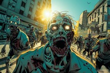 Comic Book Style Art Of Zombies Running In The Streets. 