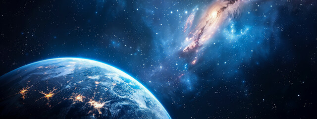 Wall Mural - A blue and white planet with a bright star in the background