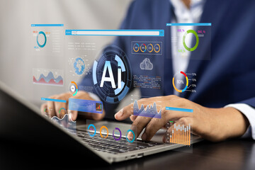 Fototapete - Businessman use artificial intelligence AI technology for enhanced work efficiency data analysis and efficient tools, Unlocking work potential with AI solutions chatbot help solve work problems.
