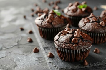 Wall Mural - Delicious fresh chocolate muffins on grey table, closeup