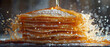 Thick pancakes with golden syrup pouring and sugar powder sprinkling. Horizontal banner 7:3.